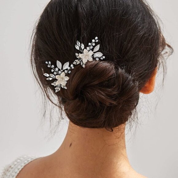 Wedding Hair Pins Set Silver Beaded Ceramic Flower Bridal Hair Accessories main image 4
